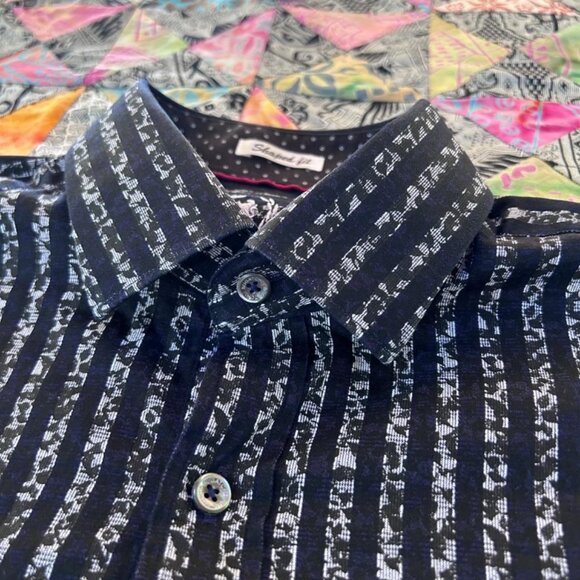 Bugatchi Size Small Black Gray Print Button Up Shirt Pristine Cond . Striped - Picture 4 of 8